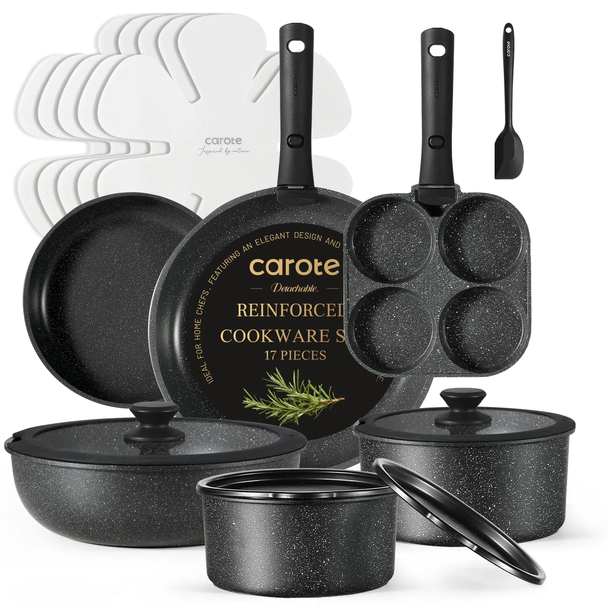 Carote C08200 17pcs Nonstick Cookware Set, Granite, Black