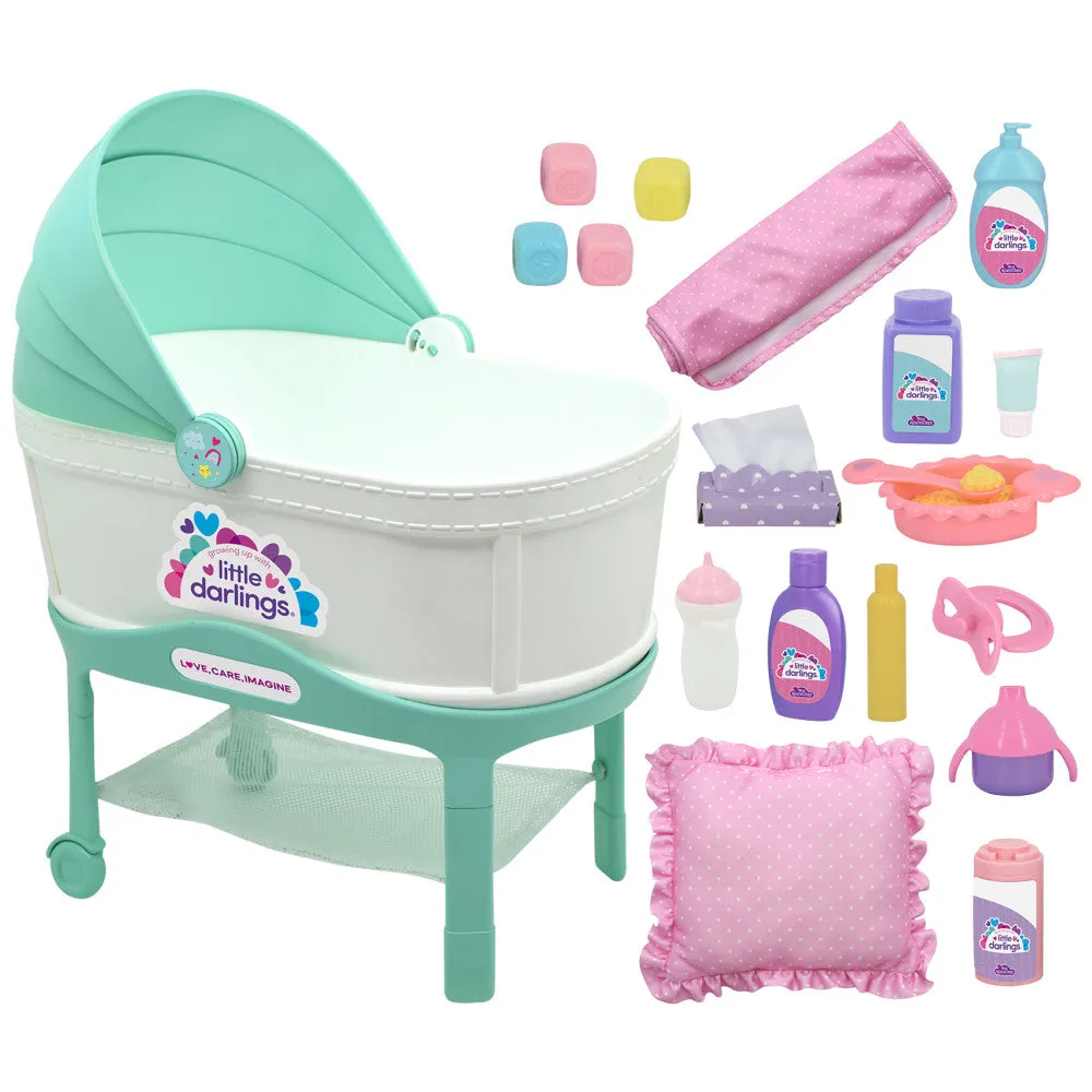 Little Darlings 12-Inch Bassinet Baby Doll Set - Teal, Pink, Stars