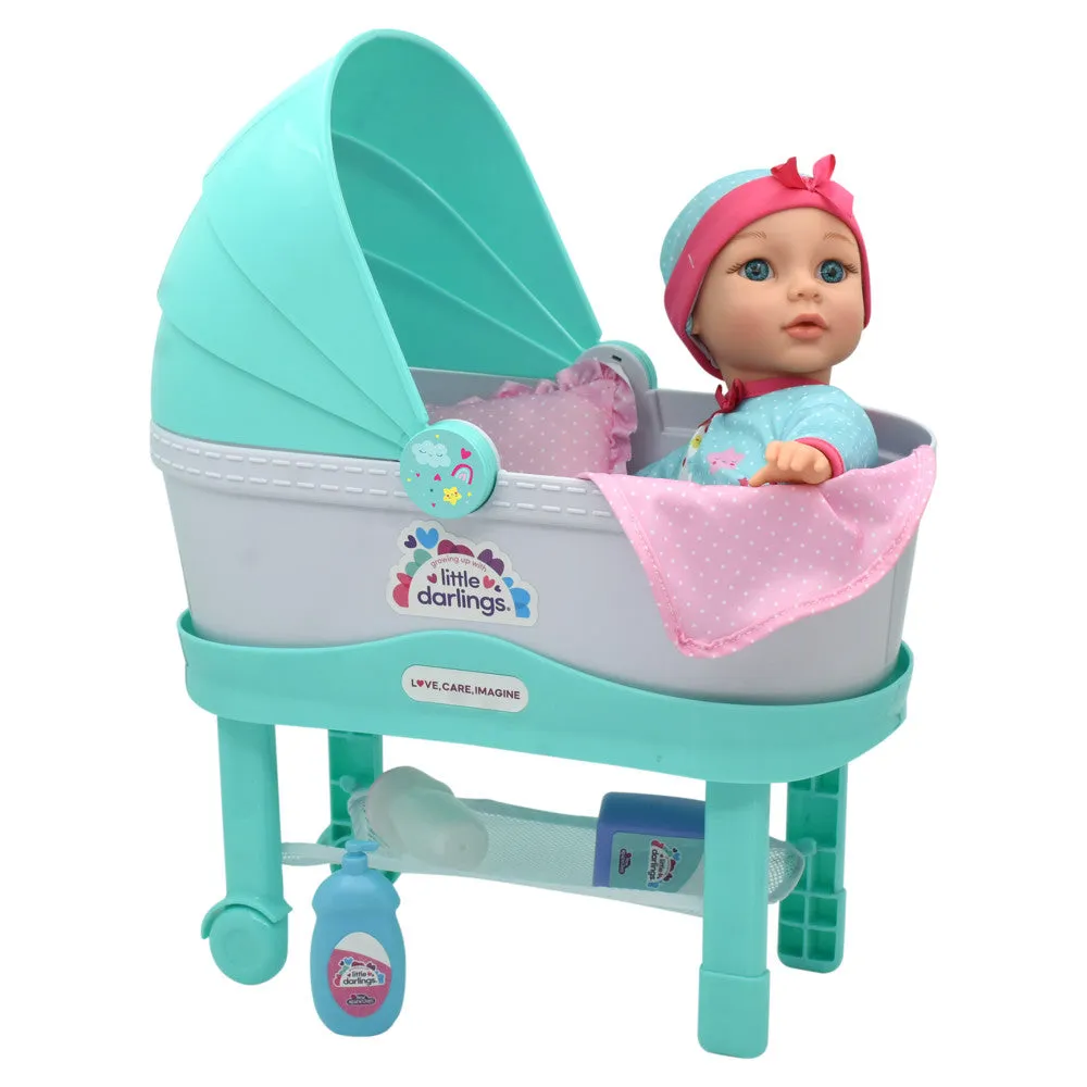 Little Darlings 12-Inch Bassinet Baby Doll Set - Teal, Pink, Stars
