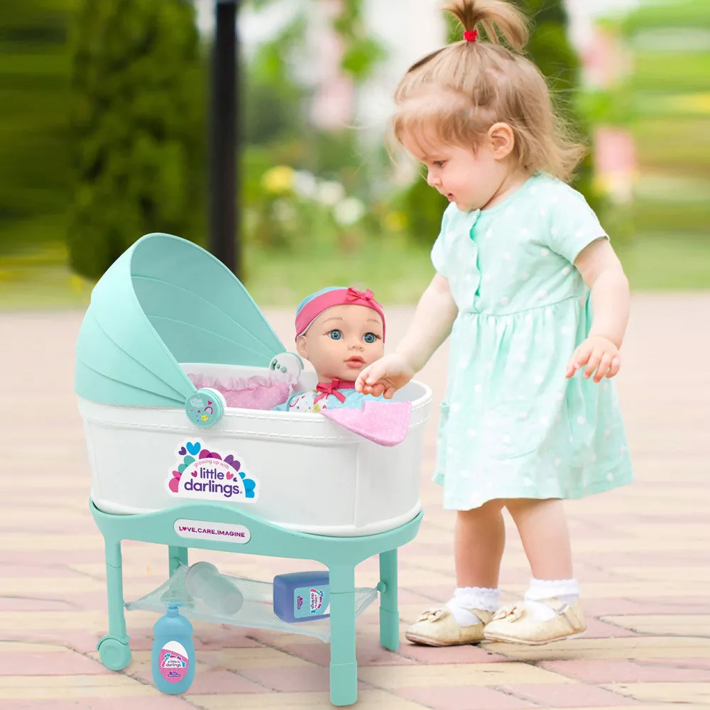 Little Darlings 12-Inch Bassinet Baby Doll Set - Teal, Pink, Stars