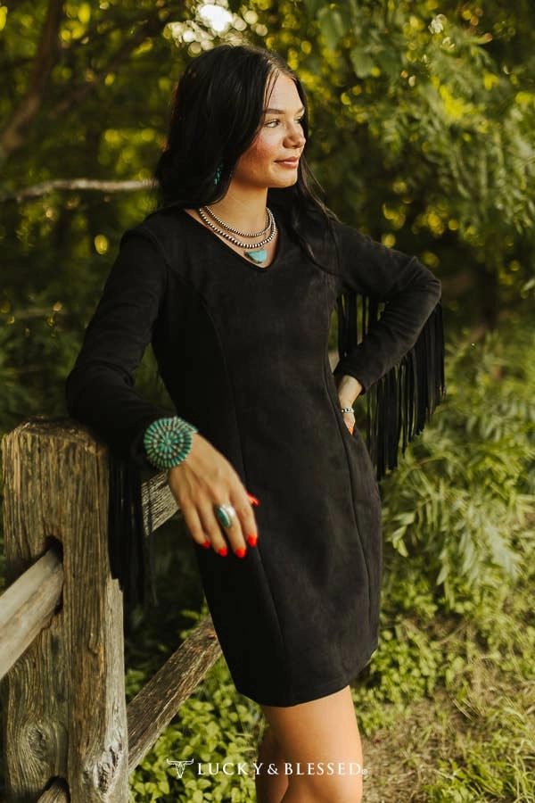 Lucky & Blessed DR120-BLK Black Suede Fringe Long Sleeve Dress